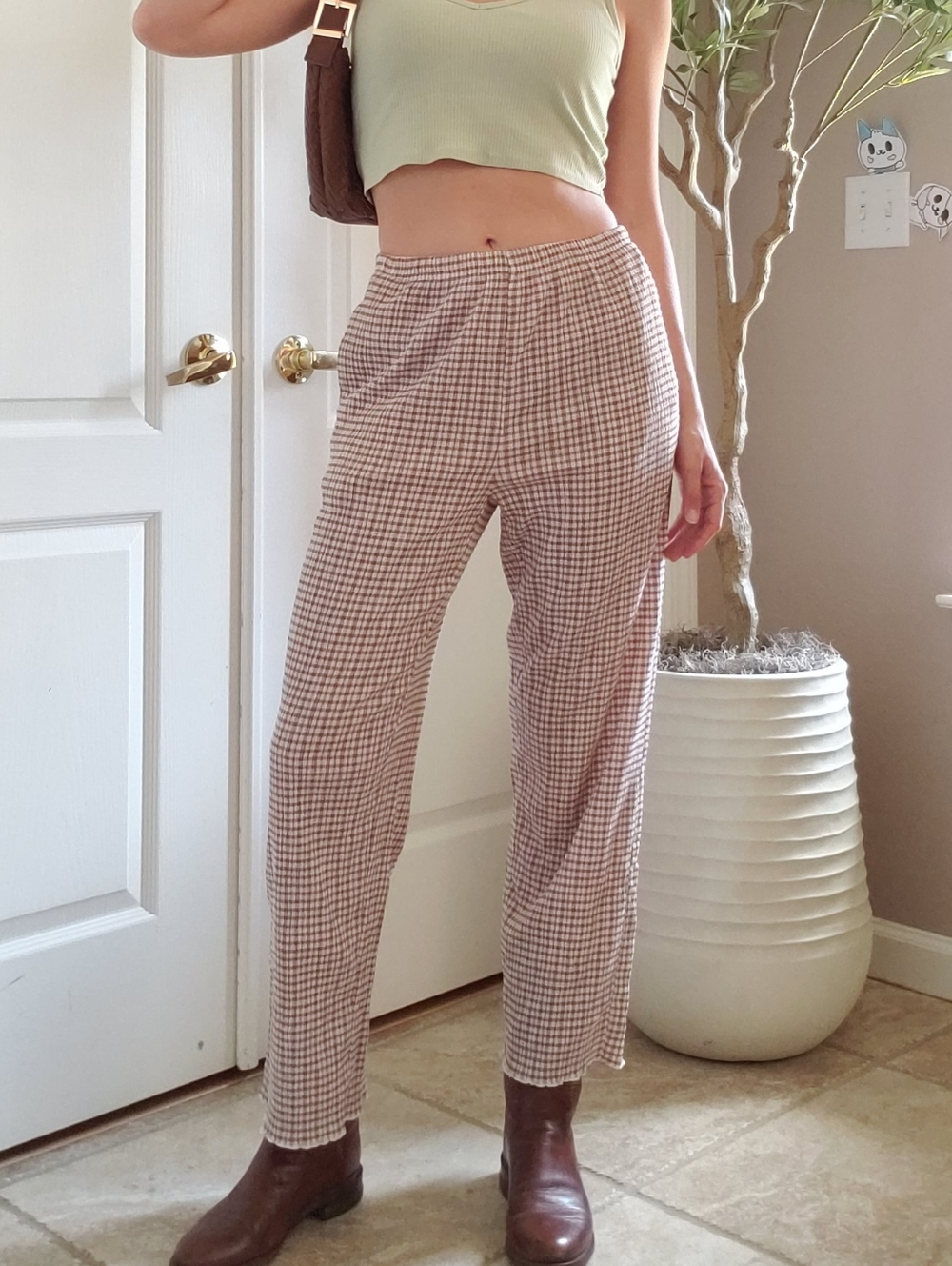 OAK + FORT XS | TP Plaid Rust Seersucker Lettuce Trim Pants